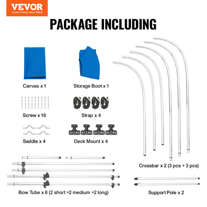 VEVOR 3 Bow Bimini Top Boat Cover, 900D Polyester Canopy with 1" Aluminum Alloy Frame, Waterproof and Sun Shade, Includes Storage Boot, 2 Support Poles, 4 Straps, 6'L x 46"H x 61"-66"W, Pacific Blue
