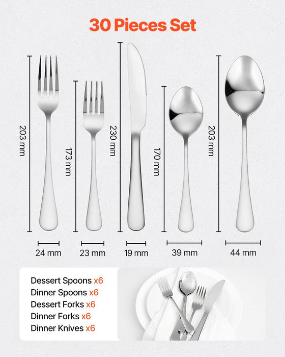 30-Piece Silverware Set, Food-Grade Stainless Steel Flatware Utensils, Mirror Finished Cutlery Set, Dishwasher Safe Eating Tableware for Kitchen Home, Service for 6, Include Knife Fork Spoon