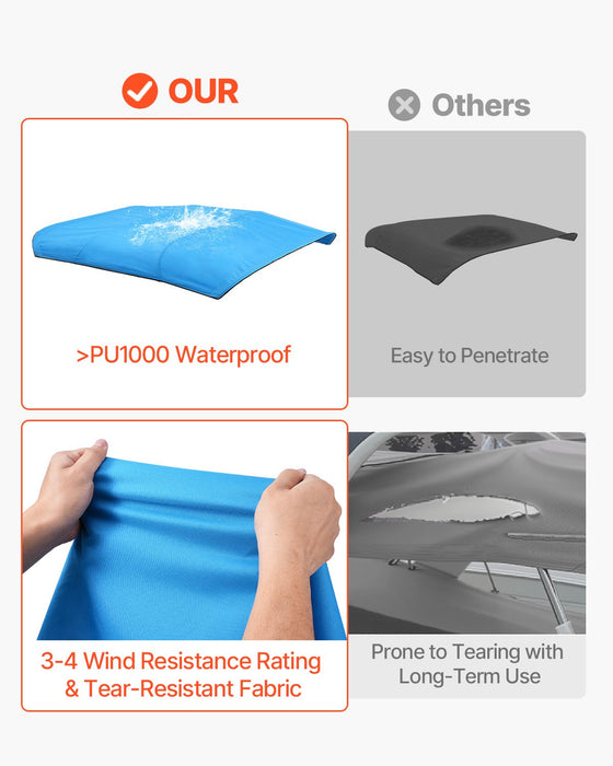 VEVOR 4 Bow Boat Bimini Tops, 600D Polyester Canopy, Waterproof & Sun Protection Boat Awning Canopy with Storage Bag, Bimini Top Replacement, 96"Lx(91"-96")W, Pacific Blue (Support Frame Not Included)