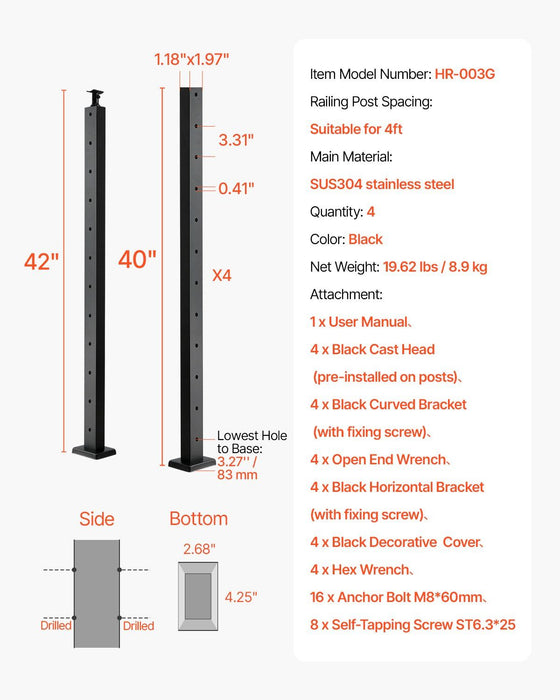 4-Pack Cable Railing Post, 1067x25x50 mm Horizontal-Hole Deck Railing Post with Pre-Drilled Holes, Stainless Steel Cable Rail Post with Horizontal and Curved Bracket, Black, 4JZLGZXHS106REP67001V0