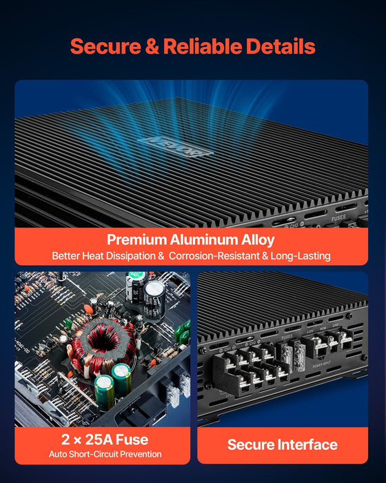 Car Audio Amplifier, 4-Channel Bridgeable Car Amplifier, Multichannel Class AB Stereo Amp, Max. 4 x 200W at 4 Ohms / 4 x 400W at 2 Ohms, High Output, for SUVs, Pickups, and Off-Road Vehicles