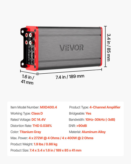 Car Audio Amplifier, 4-Channel Bridgeable Car Amplifier, Multichannel Class D Stereo Amp, Max. 4 x 272W at 4 Ohms / 4 x 400W at 2 Ohms, High Output, for SUVs, Pickups, and Off-Road Vehicles