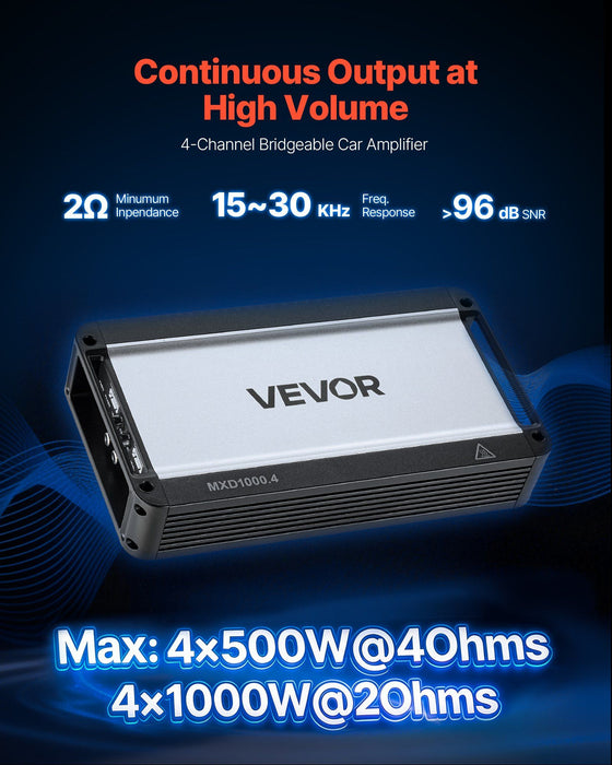 Car Audio Amplifier, 4-Channel Bridgeable Car Amplifier, Multichannel Class D Stereo Amp, Max. 4 x 500W at 4 Ohms / 4 x 1000W at 2 Ohms, High Output, for SUVs, Pickups, and Off-Road Vehicles