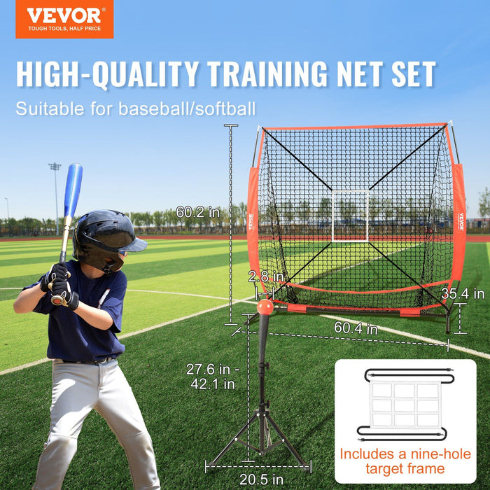 5x5 Baseball Softball Practice Net, Portable Baseball Training Net for Hitting Batting Catching Pitching, Backstop Baseball Equipment with Bow Frame, Carry Bag, Strike Zone, Ball, Batting Tee