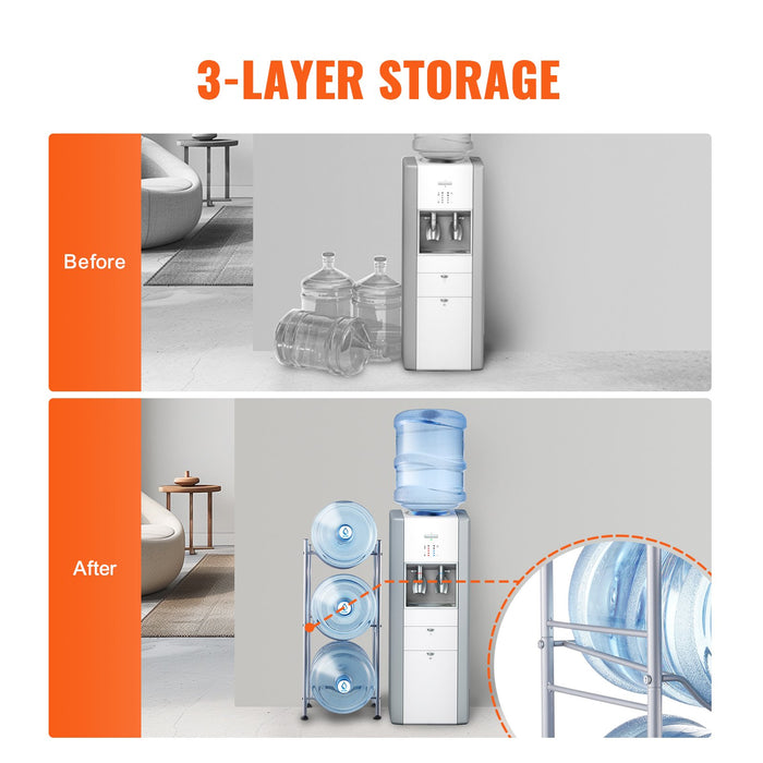 VEVOR 3 Tiers Water Jug Holder, 5 Gallon Water Bottle Holder, Single Row Water Bottle Rack for 3 Bottles, Heavy Duty Water Jug Rack for Kitchen, Office, Living Room, Silver