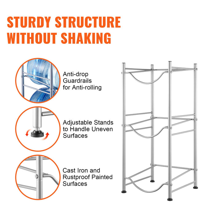 VEVOR 3 Tiers Water Jug Holder, 5 Gallon Water Bottle Holder, Single Row Water Bottle Rack for 3 Bottles, Heavy Duty Water Jug Rack for Kitchen, Office, Living Room, Silver