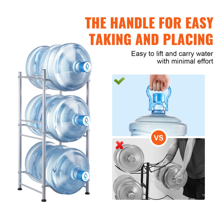 VEVOR 3 Tiers Water Jug Holder, 5 Gallon Water Bottle Holder, Single Row Water Bottle Rack for 3 Bottles, Heavy Duty Water Jug Rack for Kitchen, Office, Living Room, Silver