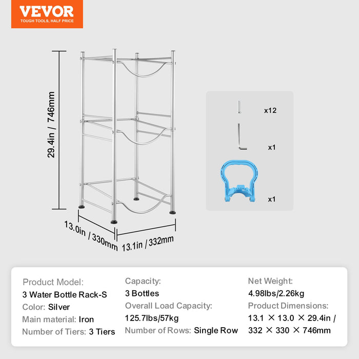 VEVOR 3 Tiers Water Jug Holder, 5 Gallon Water Bottle Holder, Single Row Water Bottle Rack for 3 Bottles, Heavy Duty Water Jug Rack for Kitchen, Office, Living Room, Silver