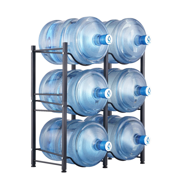VEVOR 3 Tiers Water Jug Holder, 5 Gallon Water Bottle Holder, Double Row Water Bottle Rack for 6 Bottles, Heavy Duty Water Jug Rack for Kitchen, Office, Living Room, Black