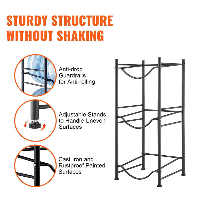 3 Tiers Water Jug Holder, 5 Gallon Water Bottle Holder, Single Row Water Bottle Rack for 3 Bottles, Heavy Duty Water Jug Rack for Kitchen, Office, Living Room, Black