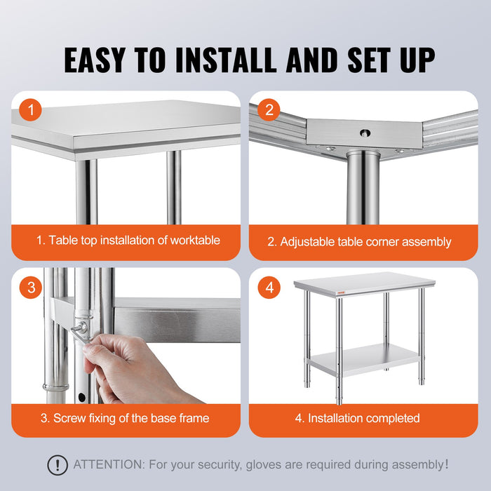 VEVOR 910x610mm Stainless Steel Kitchen Bench Commercial Work Food Prep Table