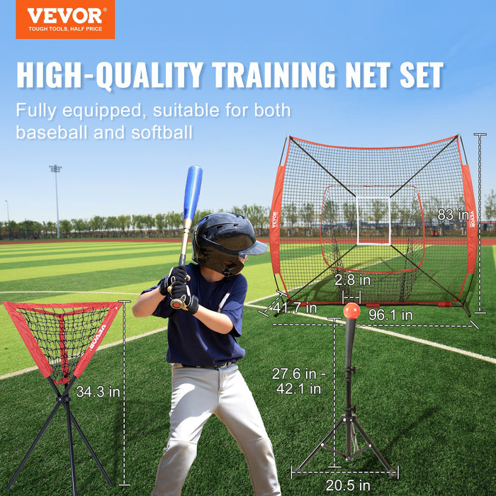 VEVOR 7x7 Baseball Softball Practice Net, Portable Baseball Training Net for Hitting Catching Pitching, Backstop Baseball Equipment with Bow Frame, Carry Bag, Strike Zone, Ball, Tee, Ball Collector