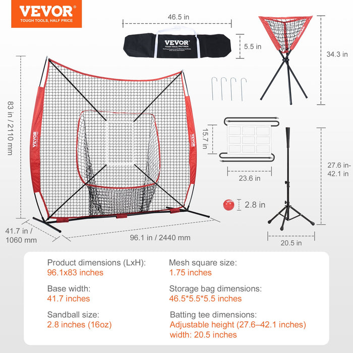 VEVOR 7x7 Baseball Softball Practice Net, Portable Baseball Training Net for Hitting Catching Pitching, Backstop Baseball Equipment with Bow Frame, Carry Bag, Strike Zone, Ball, Tee, Ball Collector