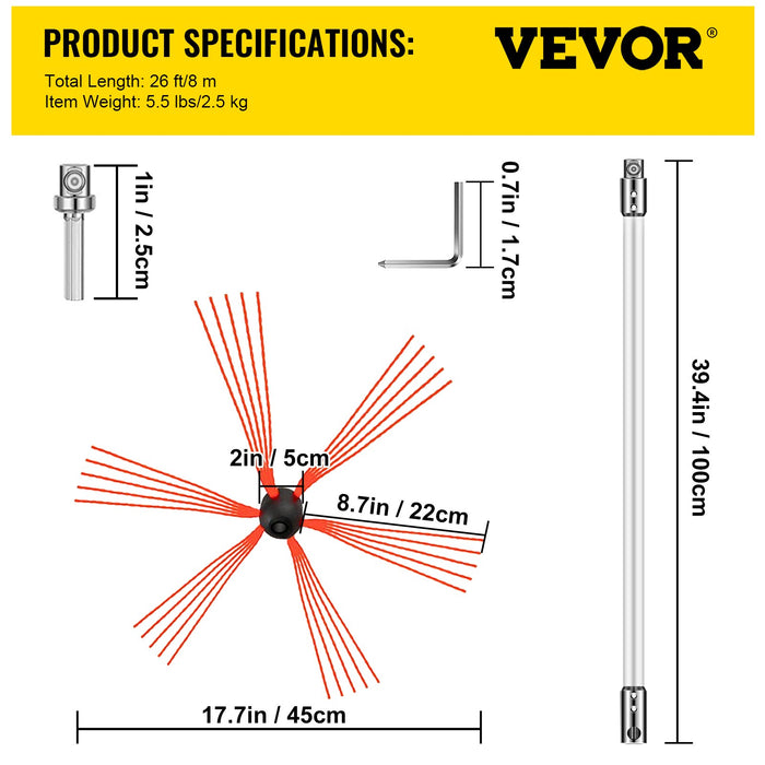 VEVOR Chimney Sweeping Brush Rotary Chimney Brush 315Inch Chimney Brush Rod Kit 8 Rods with Nylon Flexible Rods (8 Rods)