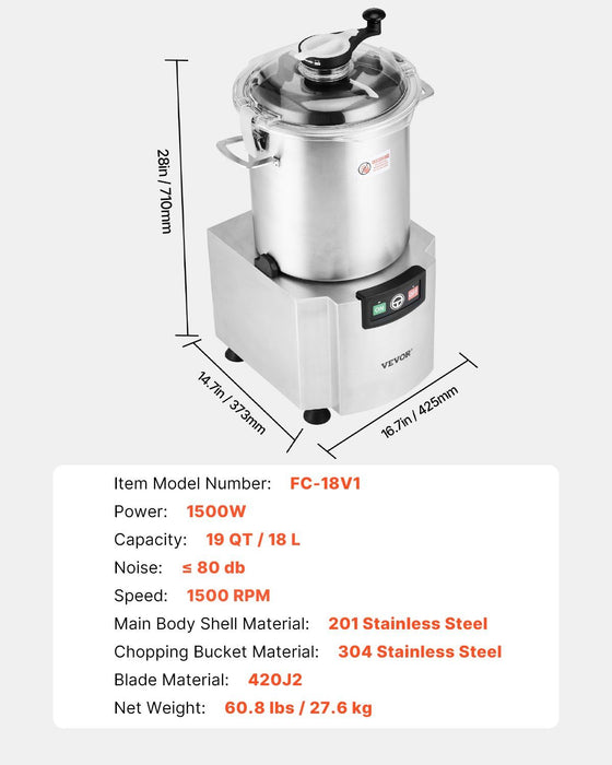 Food Processor & Vegetable Chopper, 18L Food-Grade Stainless Steel Food Processor Chopper with S-Curve Blade and Scraper, Ideal for Chopping Vegetables, Fruit, Grains, Nuts
