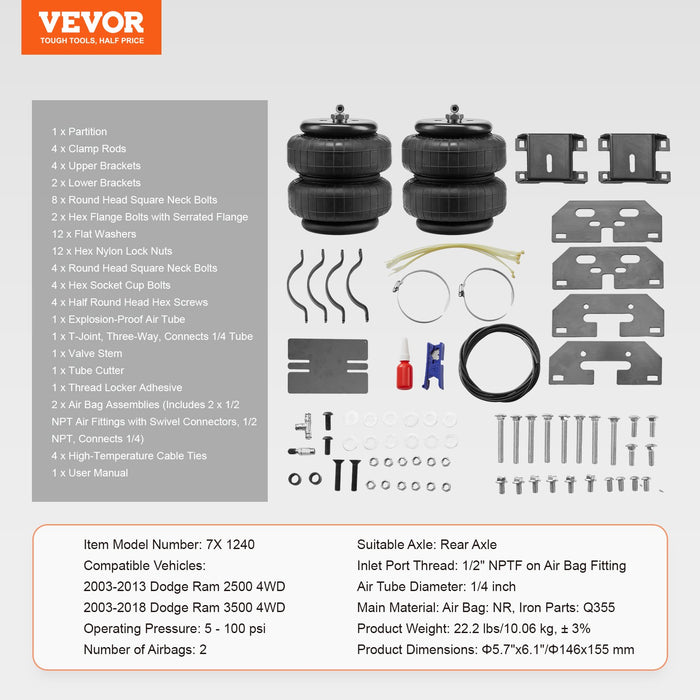 VEVOR Air Bag Suspension Kit, Air Springs Suspension Bag Kit Compatible with 2003-2013 Dodge Ram 2500 4WD, 2003-2018 Dodge Ram 3500 4WD, 5000 lbs Loading, 5 to 100 PSI
