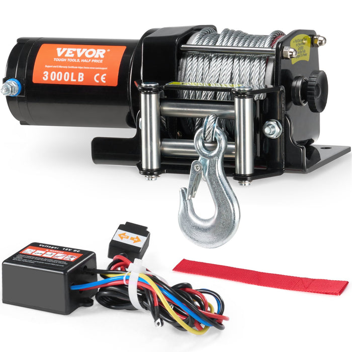VEVOR Electric Winch, 1361 kg Line Pull Capacity, 12V DC ATV/UTV Winch with Φ0.5 x 1188.7 cm 7 Strands Steel Cable Roller Fairlead Wired Remote Control, IP55 Waterproof for Towing UTV ATV Off-Road