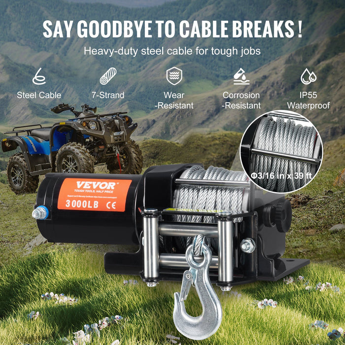 VEVOR Electric Winch, 1361 kg Line Pull Capacity, 12V DC ATV/UTV Winch with Φ0.5 x 1188.7 cm 7 Strands Steel Cable Roller Fairlead Wired Remote Control, IP55 Waterproof for Towing UTV ATV Off-Road