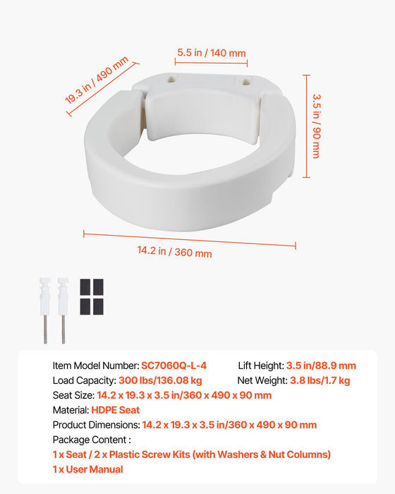 Raised Toilet Seat, 136.1 kg Load Capacity, 88.9 mm Lift Height, Commode Elevated Toilet Seat Riser with Enlarged Opening for Seniors, Elderly, Handicap, Disabled, Adults, Fits Elongated Bowl