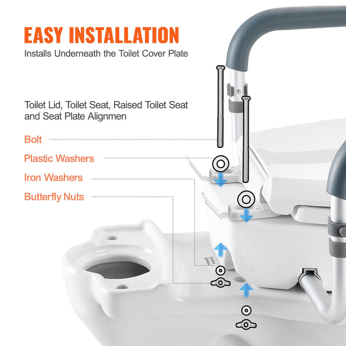 VEVOR Raised Toilet Seat,88.9 mm Height Raised, 136 kg Weight Capacity, for Standard Round Toilet, Aluminum Handrail, with EVA Armrest Padding, for Elderly, Handicap, Patient, Pregnant, Medical