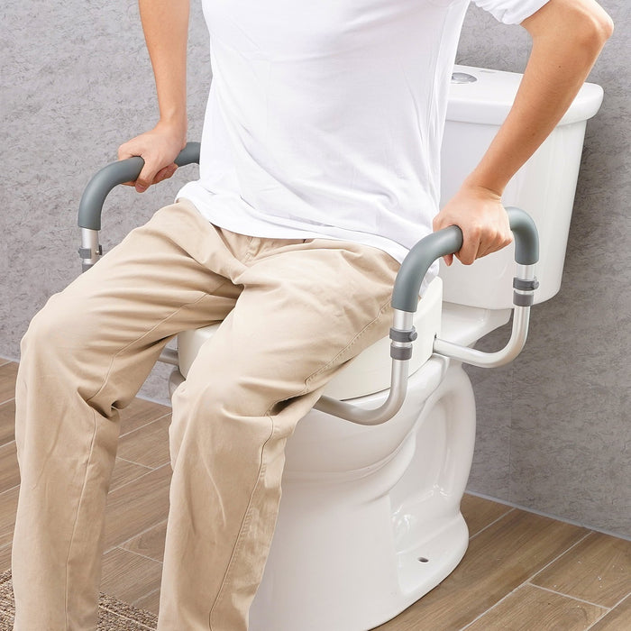 VEVOR Raised Toilet Seat,88.9 mm Height Raised, 136 kg Weight Capacity, for Standard Round Toilet, Aluminum Handrail, with EVA Armrest Padding, for Elderly, Handicap, Patient, Pregnant, Medical