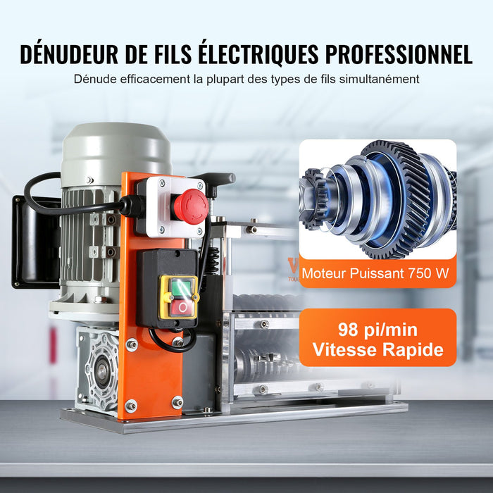 VEVOR Automatic Wire Stripping Machine, 0.06''-1.57'' Electric Motorized Cable Stripper, 750 W, 98 ft/min Wire Peeler with Visible Stripping Depth Reference, 10 Channels for Scrap Copper Recycling