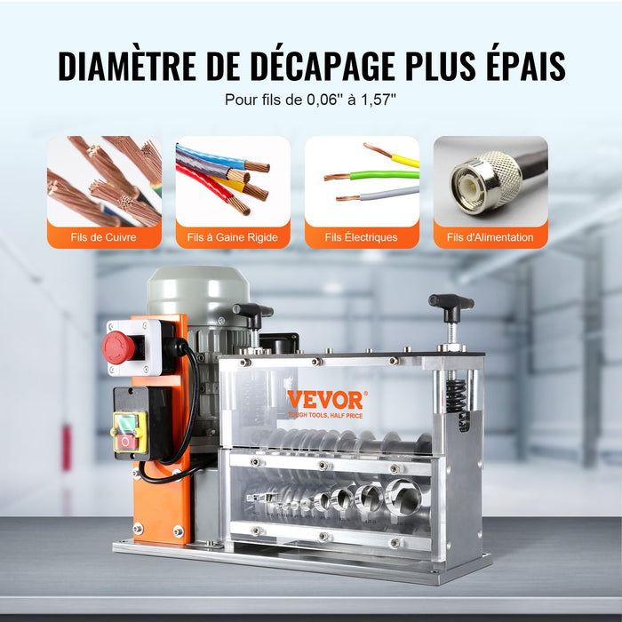 VEVOR Automatic Wire Stripping Machine, 0.06''-1.57'' Electric Motorized Cable Stripper, 750 W, 98 ft/min Wire Peeler with Visible Stripping Depth Reference, 10 Channels for Scrap Copper Recycling