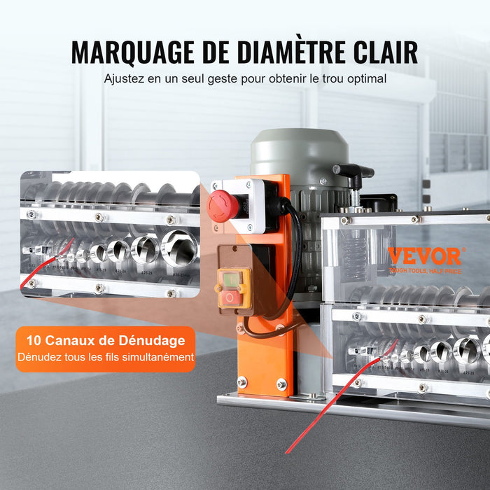 VEVOR Automatic Wire Stripping Machine, 0.06''-1.57'' Electric Motorized Cable Stripper, 750 W, 98 ft/min Wire Peeler with Visible Stripping Depth Reference, 10 Channels for Scrap Copper Recycling