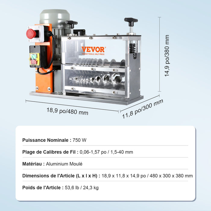 VEVOR Automatic Wire Stripping Machine, 0.06''-1.57'' Electric Motorized Cable Stripper, 750 W, 98 ft/min Wire Peeler with Visible Stripping Depth Reference, 10 Channels for Scrap Copper Recycling