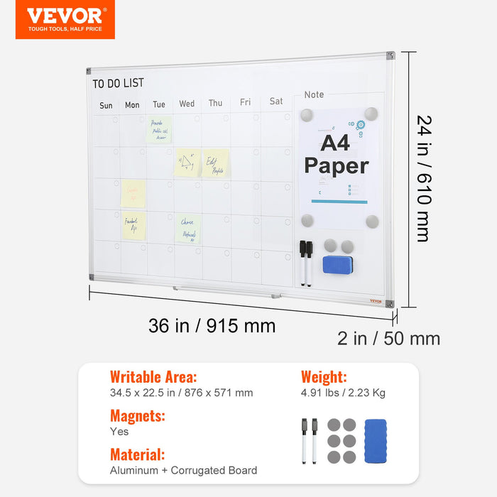 VEVOR Magnetic Whiteboard Dry Erase Board 36" x 24" Wall Mounted for Office