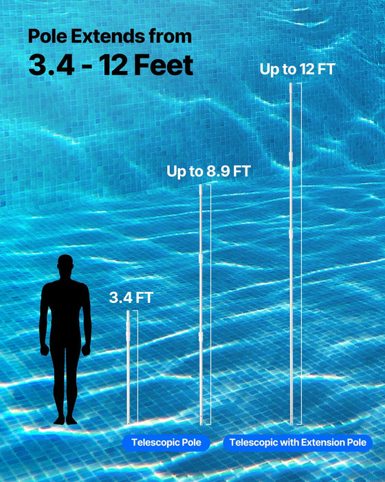 Pool Pole, 1 to 3.66 m Telescoping Swimming Pool Cleaning Poles, Professional Adjustable Telescopic Pole with Extension Pole, Heavy Duty Cleaner Stick for Skimmer Net, Rake, Brush, Vacuum Head