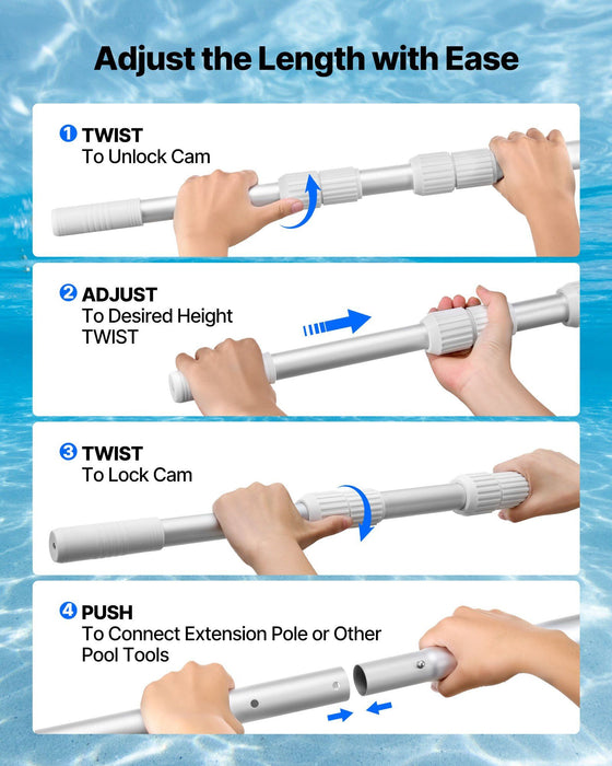 Pool Pole, 1 to 3.66 m Telescoping Swimming Pool Cleaning Poles, Professional Adjustable Telescopic Pole with Extension Pole, Heavy Duty Cleaner Stick for Skimmer Net, Rake, Brush, Vacuum Head