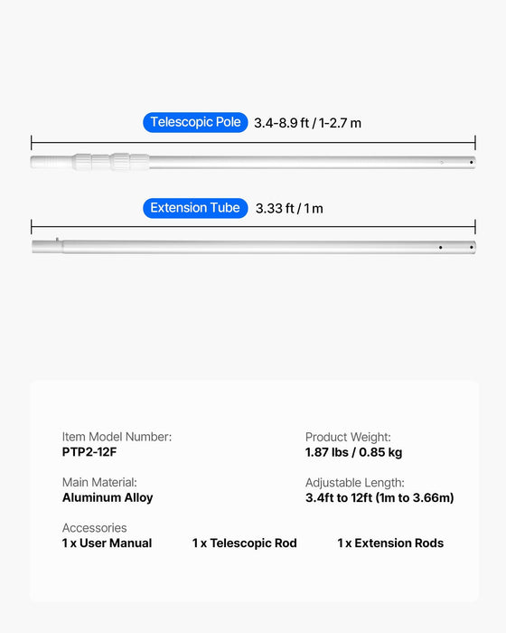 Pool Pole, 1 to 3.66 m Telescoping Swimming Pool Cleaning Poles, Professional Adjustable Telescopic Pole with Extension Pole, Heavy Duty Cleaner Stick for Skimmer Net, Rake, Brush, Vacuum Head