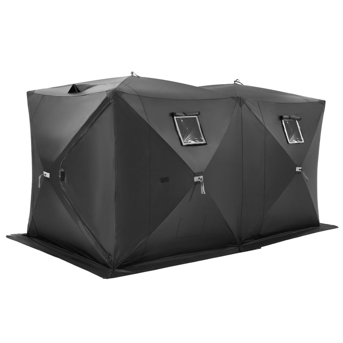 Portable Ice Shelter, 6-8 Person Pop-Up Ice Fishing Tent, 70 Square Feet Fishable Area, Ice Shanty for Winter Fishing, Waterproof Oxford Ice Cube with Anchors/Ropes/Carrying Bag, 142"x71" Black