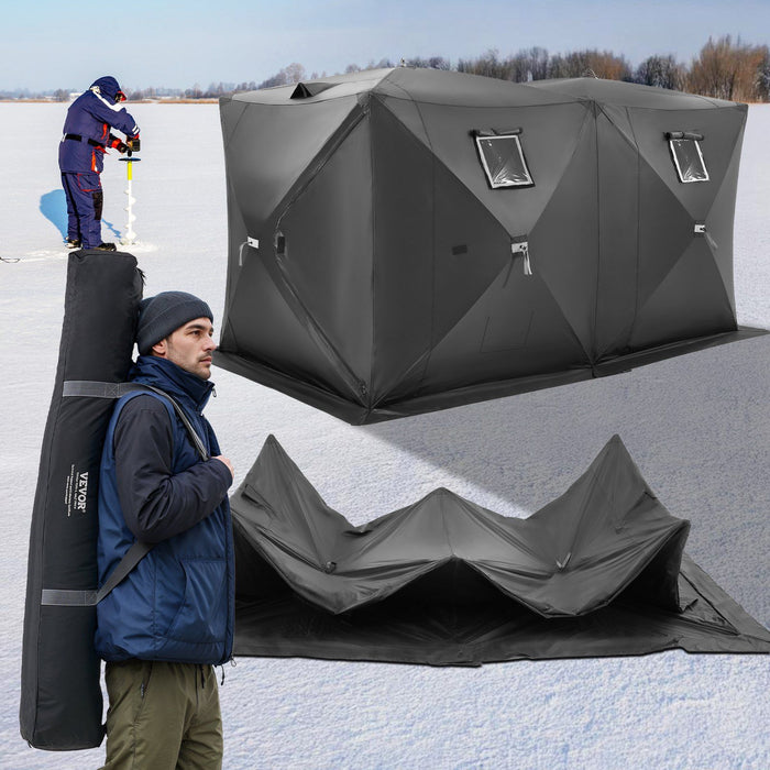 Portable Ice Shelter, 6-8 Person Pop-Up Ice Fishing Tent, 70 Square Feet Fishable Area, Ice Shanty for Winter Fishing, Waterproof Oxford Ice Cube with Anchors/Ropes/Carrying Bag, 142"x71" Black