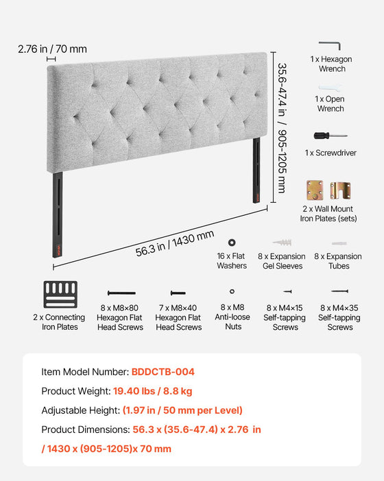 VEVOR Headboard, Full Size Headboard with Adjustable Height, Comfortable Diamond Tufted for Full Size Bed, W 56.3 x Hï¼?5.6-47.4）inches, Ideal for Bedroom, Hotel, Homestay, Dormitory, Light Grey
