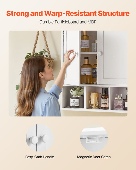 Bathroom Wall Cabinet, 2 Doors & Adjustable Shelf, Over the Toilet Storage Medicine Cabinet Wall Mounted, Hanging Organizer with Shelves & Open Partition for Laundry Room Kitchen Restroom, White