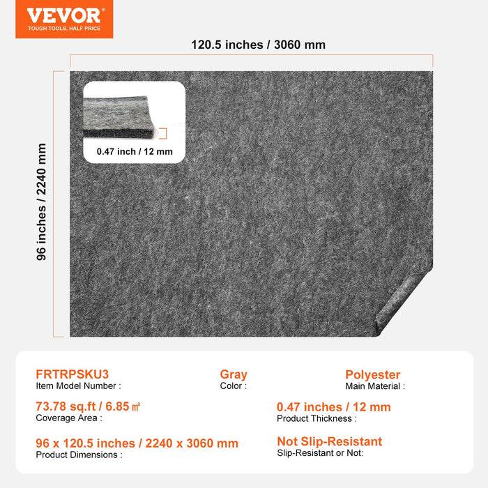 VEVOR Rug Pad Without Slip Resistance, Protective Cushioning Carpet Pad, 8' x 10', 1/2"Thick, 100% Pure Polyester Felt, 7-8ãŽ?Premium Comfort Underfoot Carpet Padding Rug Cushion for All Floors, Gray