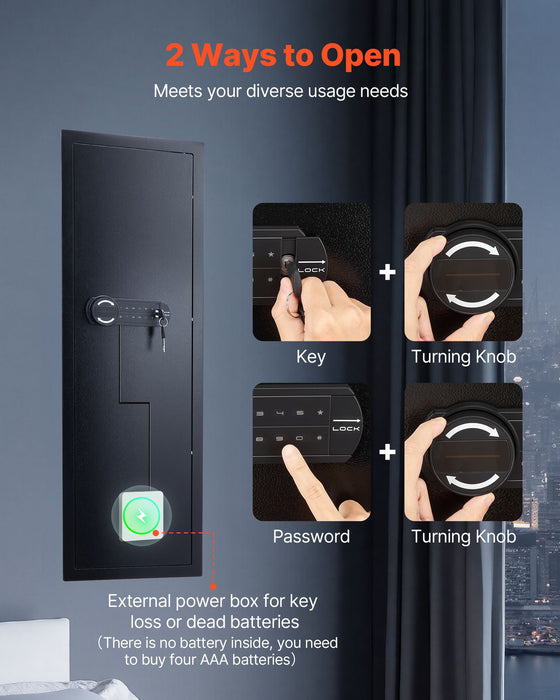 VEVOR Wall Safe, 4-Tier Hidden Wall Mounted Gun Safe with Password & Key, Q235 Cold-Rolled Steel In-Wall Box with LED Lighting, 3 Adjustable Shelves & Key Holders for Money, Jewelry, Passport, Black