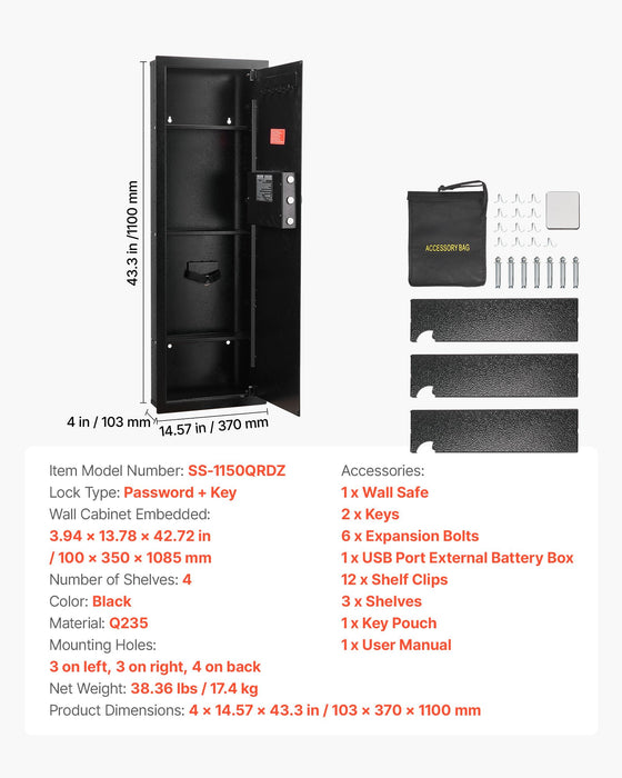 VEVOR Wall Safe, 4-Tier Hidden Wall Mounted Gun Safe with Password & Key, Q235 Cold-Rolled Steel In-Wall Box with LED Lighting, 3 Adjustable Shelves & Key Holders for Money, Jewelry, Passport, Black