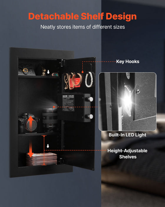 VEVOR Wall Safe, 3-Tier Hidden Wall Mounted Safe with Password & Key, Q235 Cold-Rolled Steel In-Wall Box with LED Lighting, 2 Adjustable Shelves & 5 Key Holders for Money, Jewelry, Passport, Black