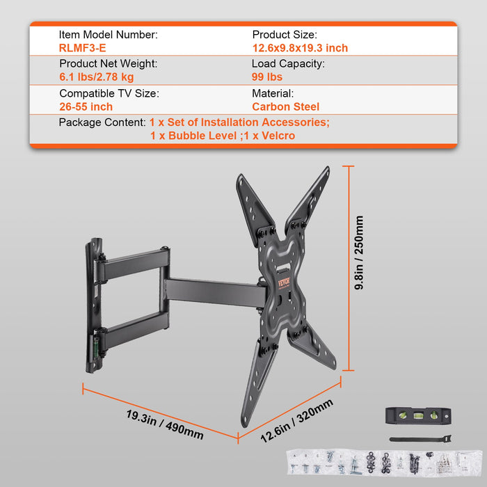 VEVOR Full Motion TV Mount Fits for Most 26-55 inch TVs, Swivel Tilt Horizontal Adjustment TV Wall Mount Bracket with Articulating Arm, Max VESA 400x400mm , Holds up to 99 lbs