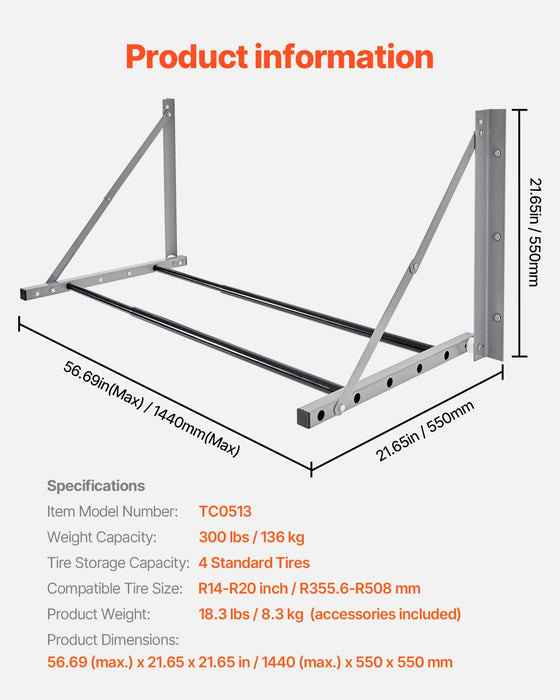 VEVOR Wall Mounted Folding Tire Rack, 32" - 48" Adjustable Tire Rack, Q235 Heavy-Duty Steel Tire Storage Rack for R14-R20 inch Standard Tires, Max 300lbs Load Capacity for Garage Workshop Repair Shop