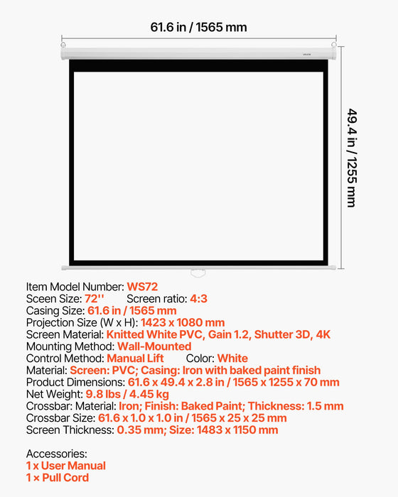 VEVOR Manual Projector Screen, 1829 mm 4:3 4K 1080 HD Retractable Pull Down Projector Screen, Wall Mounted Movie Projection with Pull Rope, Portable Display Projectoin for Family Home Office Theater