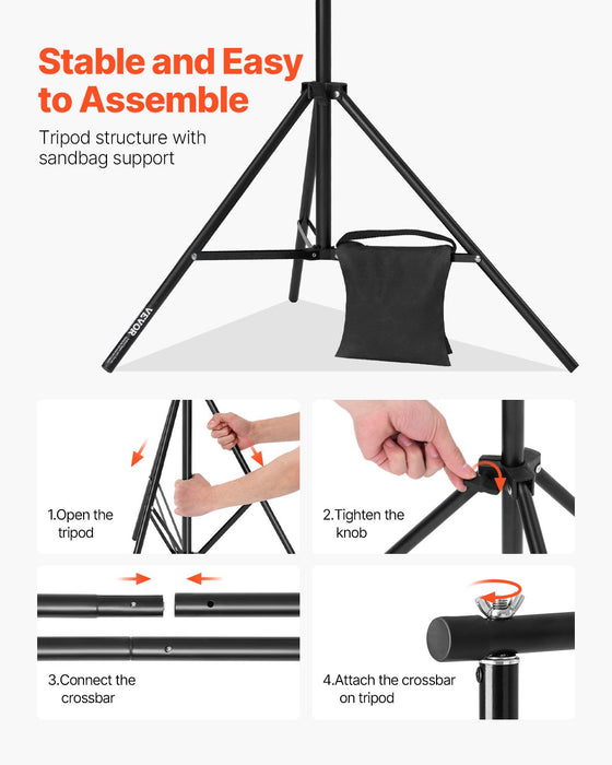 VEVOR Backdrop Stand, 198 x 300 cm Adjustable Photo Backdrop Stand Kit, Portable Background Backdrop Stand with 5 Crossbars, Heavy Duty Projector Screen Stand, for Wedding, Photo Video Studio & Party