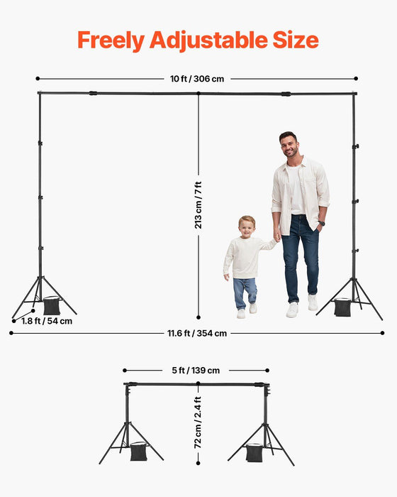 Backdrop Stand, 213 x 300 cm Adjustable Photo Backdrop Stand Kit, Portable Background Backdrop Stand with 3 Crossbars, Heavy Duty Projector Screen Stand, for Wedding, Photo Video Studio & Party