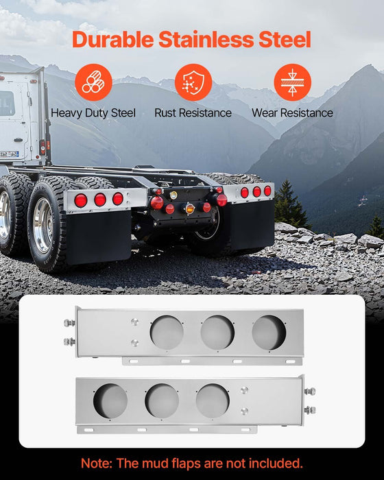 Stainless Steel Mud Flap Hangers with Light Cutouts, 2-1/2" (63.5mm) Bolt Spacing, Spring Loaded Mudflap Hangers for Semi Trucks, 1 Pair Heavy Duty Semi Truck Mud Flap Hanger Set, Silver