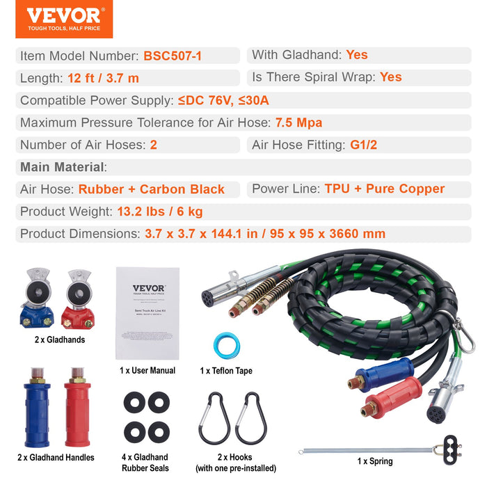 VEVOR 12FT Semi Truck Air Lines Kit with 2PCS Glad Hands, 3-in-1 Air Hoses & 7 Way ABS Electric Power Line, with 2PCS Gladhand Handles, 4PCS Seals and Tender Spring Kit for Semi Truck Trailer Tractor