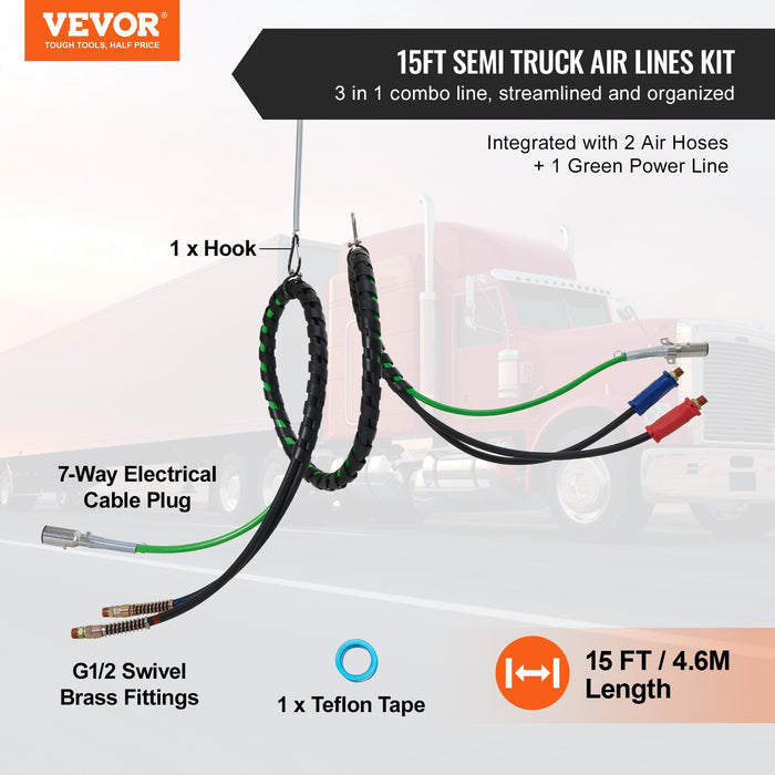 VEVOR 12FT Semi Truck Air Lines Kit, 3-in-1 Air Hoses & ABS Power Line for Semi Truck Trailer Tractor, 7-Way Plug Electrical Cord Cable and Rubber Air Lines Hose Assembly Kit with Hook & Teflon Tape