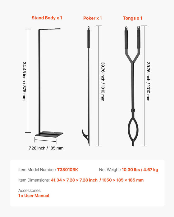 Fireplace Tool Set, 3 PCS Fire Tool Set and Holder with Stand, Tongs, Fire Place Poker, Wrought Iron Fireplace Accessories for Campfire Backyard Bonfire Indoor/Outdoor, Black